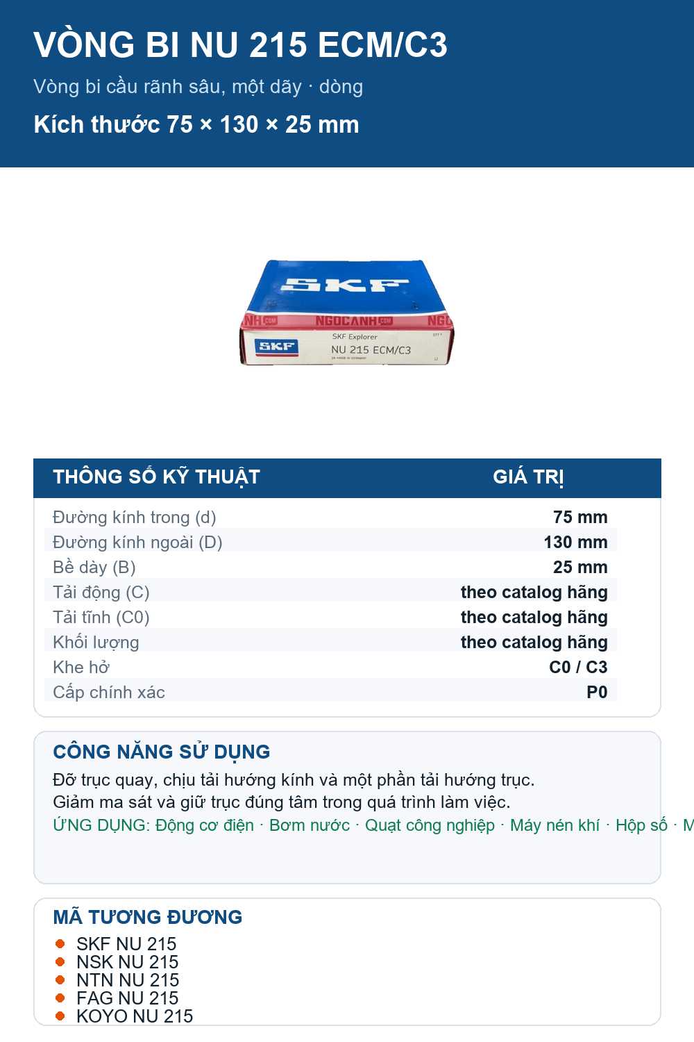Vòng bi SKF NU 215 ECM/C3 75x130x25mm — Ảnh thông số (Pinterest)