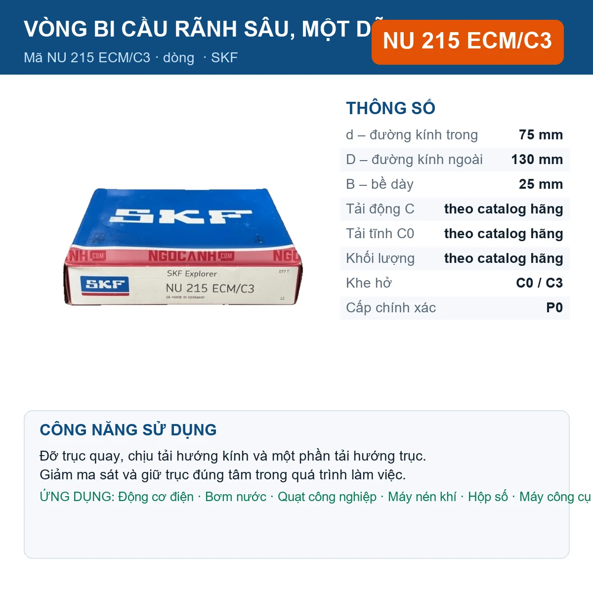 Vòng bi SKF NU 215 ECM/C3 — kích thước 75x130x25mm