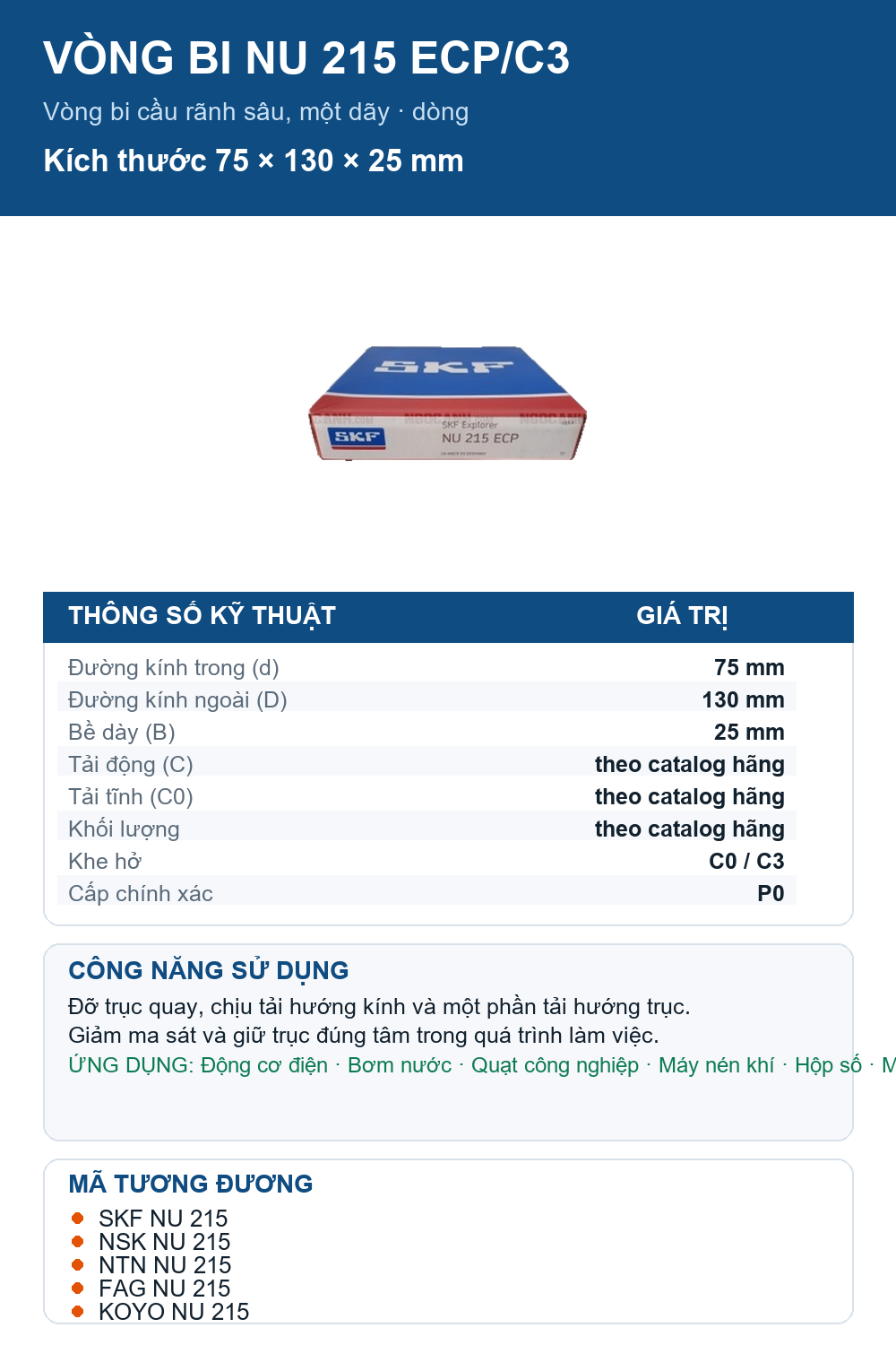 Vòng bi SKF NU 215 ECP/C3 75x130x25mm — Ảnh thông số (Pinterest)