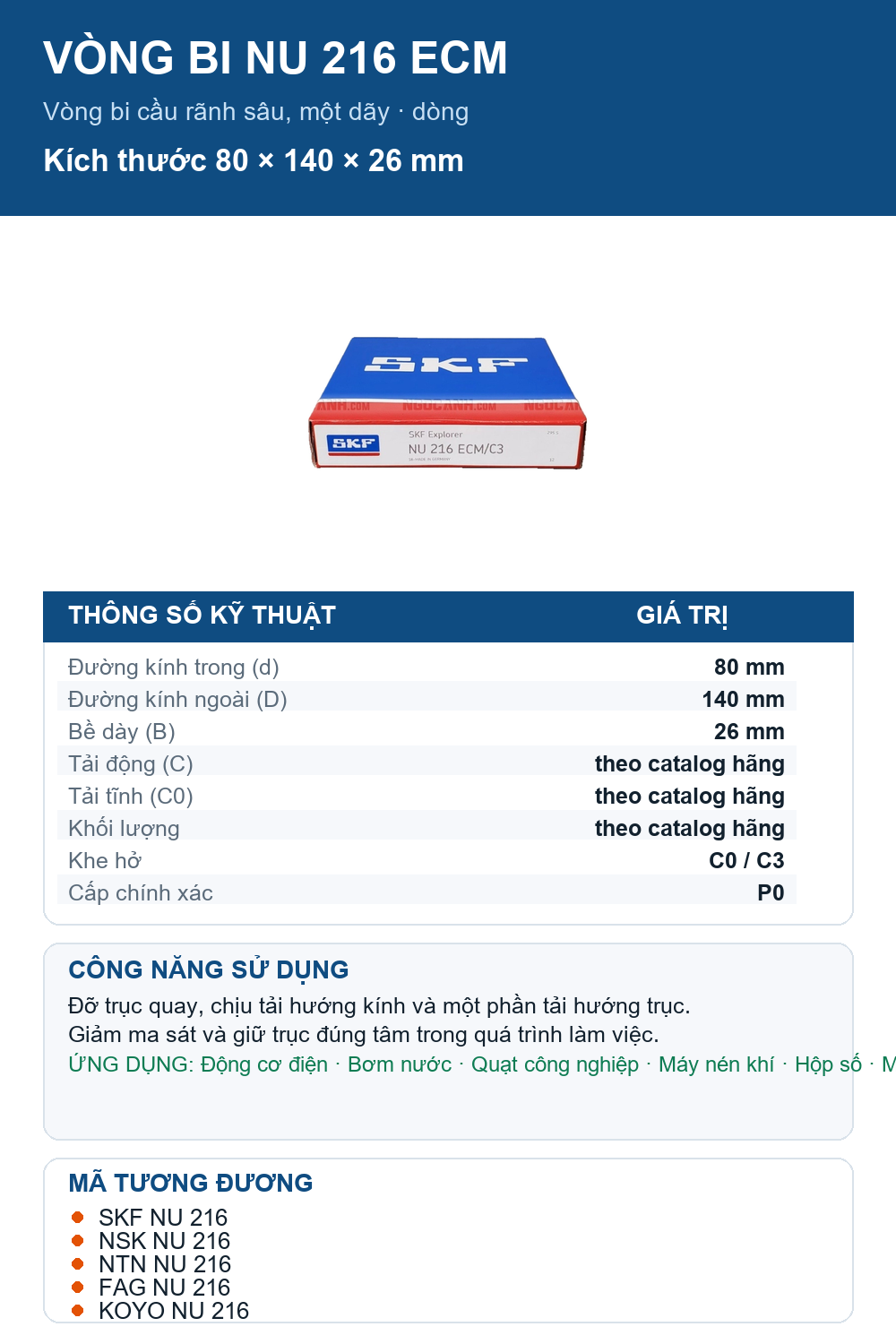 Vòng bi SKF NU 216 ECM 80x140x26mm — Ảnh thông số (Pinterest)