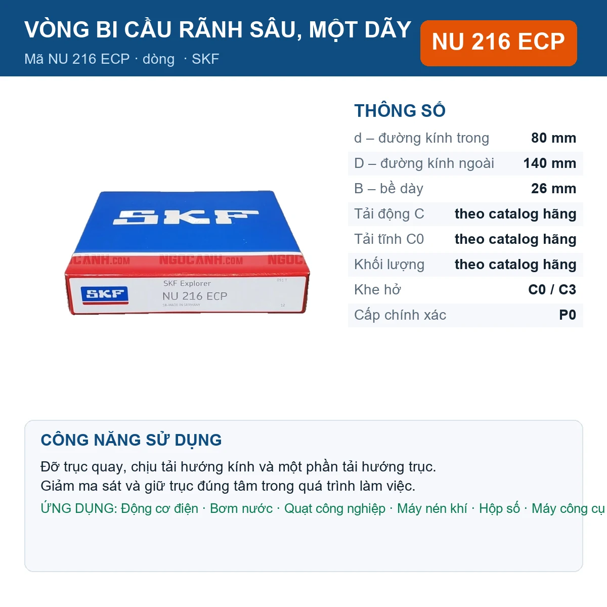 Vòng bi SKF NU 216 ECP — kích thước 80x140x26mm