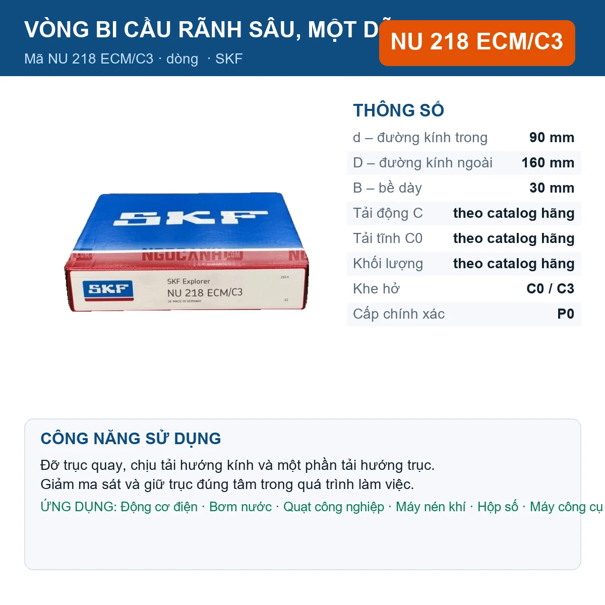Vòng bi SKF NU 218 ECM/C3 — kích thước 90x160x30mm