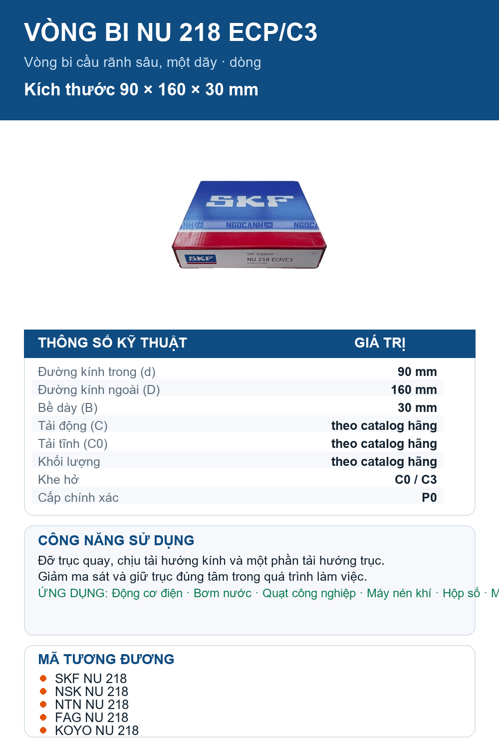 Vòng bi SKF NU 218 ECP/C3 90x160x30mm — Ảnh thông số (Pinterest)