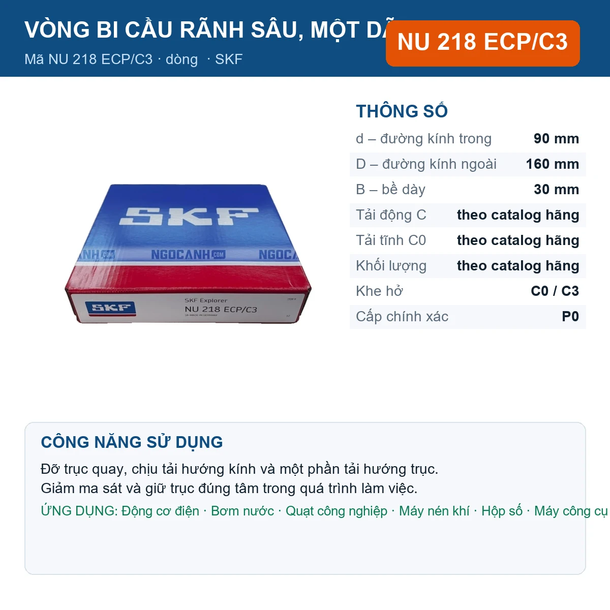 Vòng bi SKF NU 218 ECP/C3 — kích thước 90x160x30mm