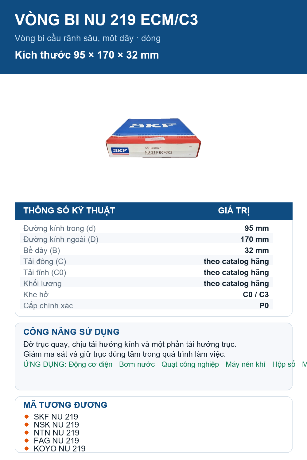 Vòng bi SKF NU 219 ECM/C3 95x170x32mm — Ảnh thông số (Pinterest)