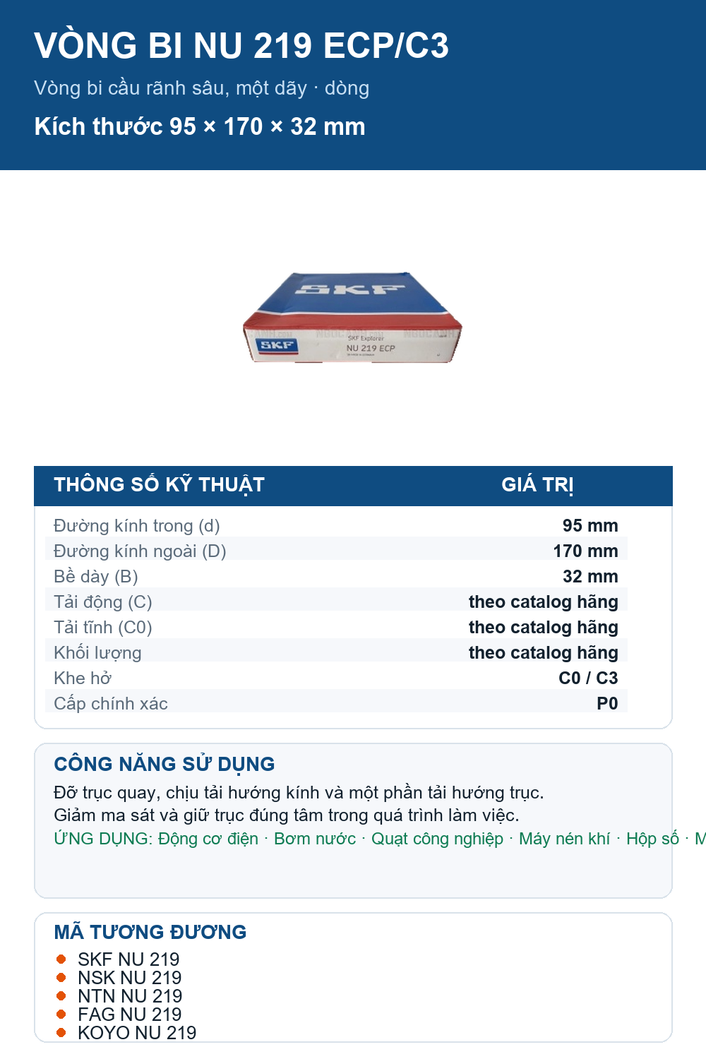 Vòng bi SKF NU 219 ECP/C3 95x170x32mm — Ảnh thông số (Pinterest)