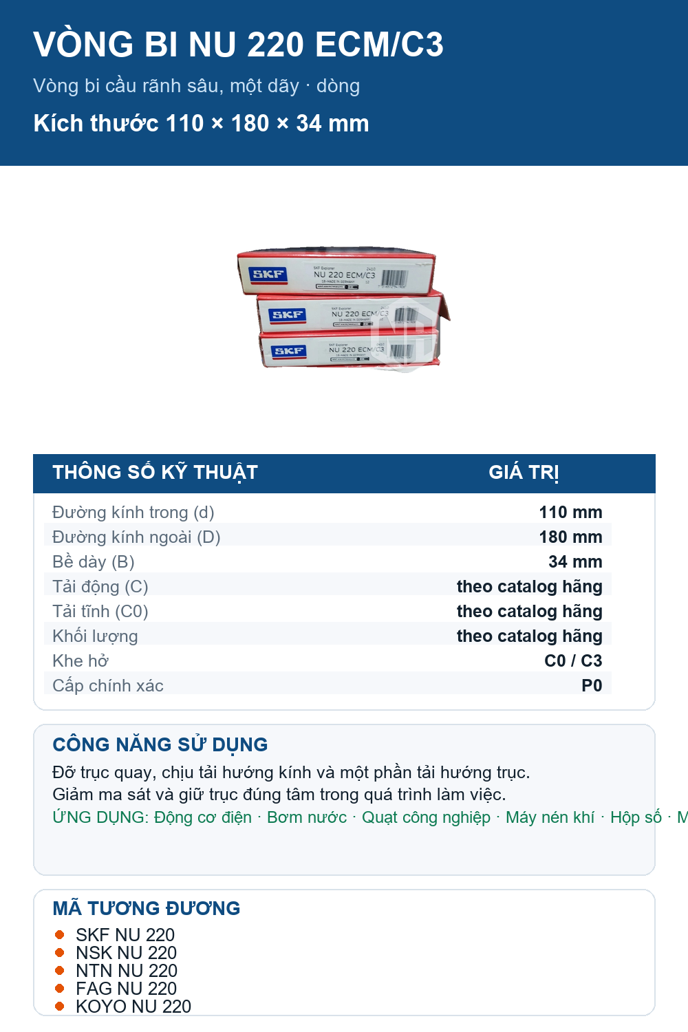 Vòng bi SKF NU 220 ECM/C3 110x180x34mm — Ảnh thông số (Pinterest)