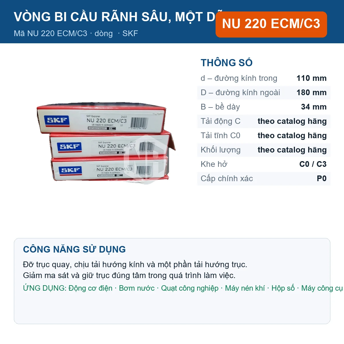 Vòng bi SKF NU 220 ECM/C3 — kích thước 110x180x34mm