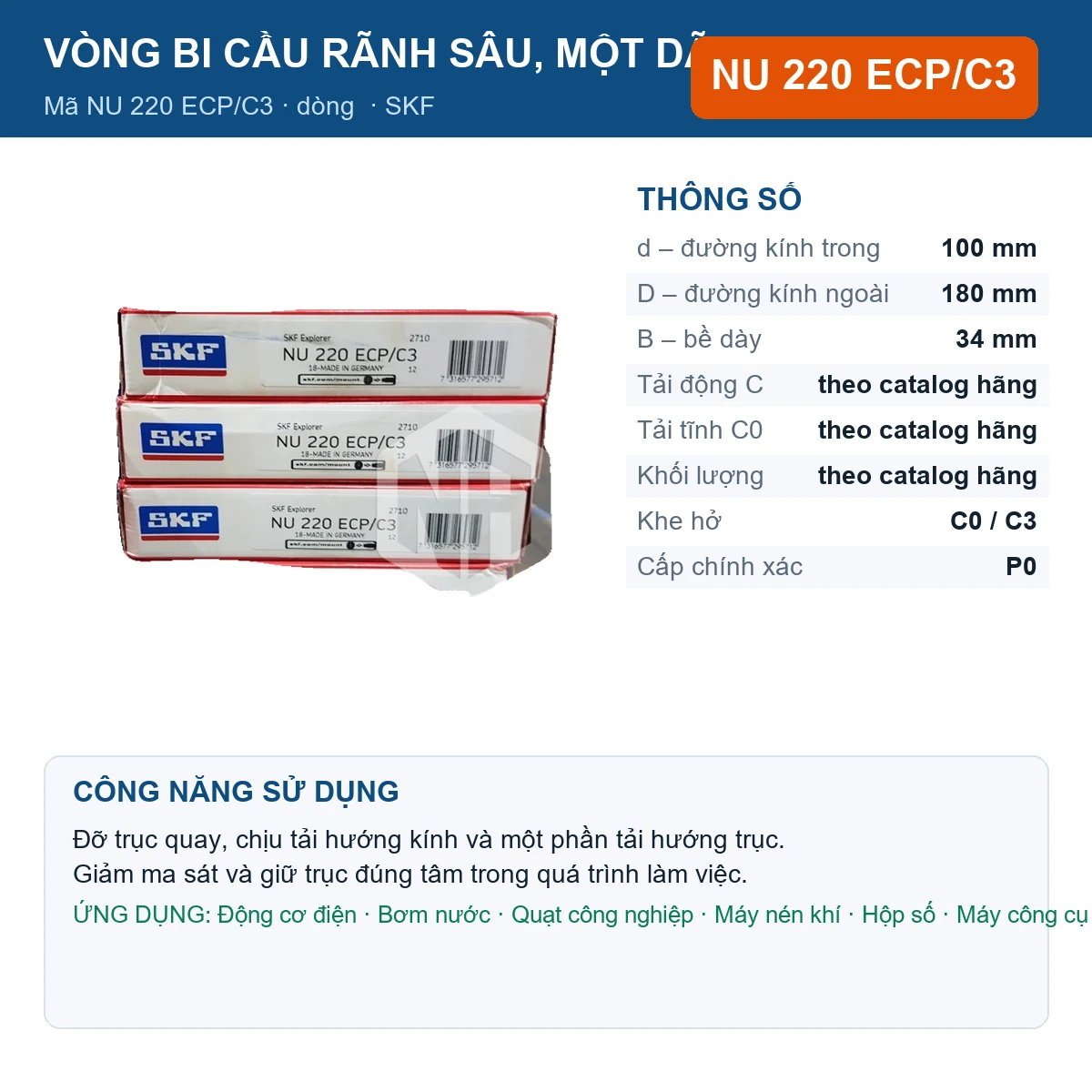 Vòng bi SKF NU 220 ECP/C3 — kích thước 100x180x34mm