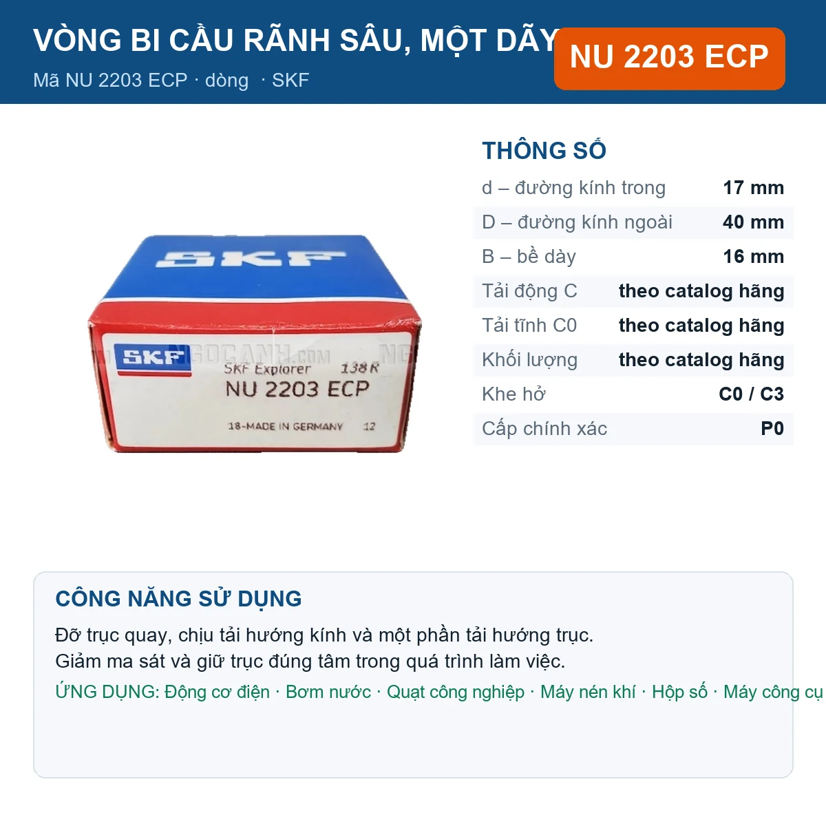 Vòng bi SKF NU 2203 ECP — kích thước 17x40x16mm