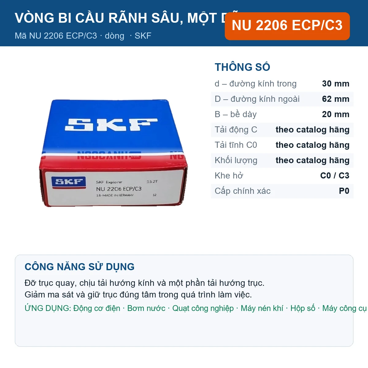 Vòng bi SKF NU 2206 ECP/C3 — kích thước 30x62x20mm