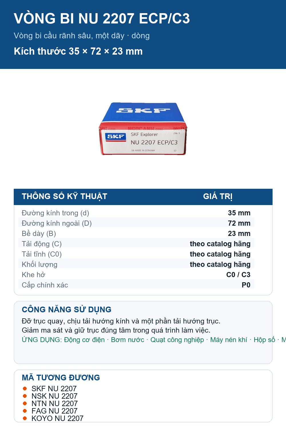 Vòng bi SKF NU 2207 ECP/C3 35x72x23mm — Ảnh thông số (Pinterest)