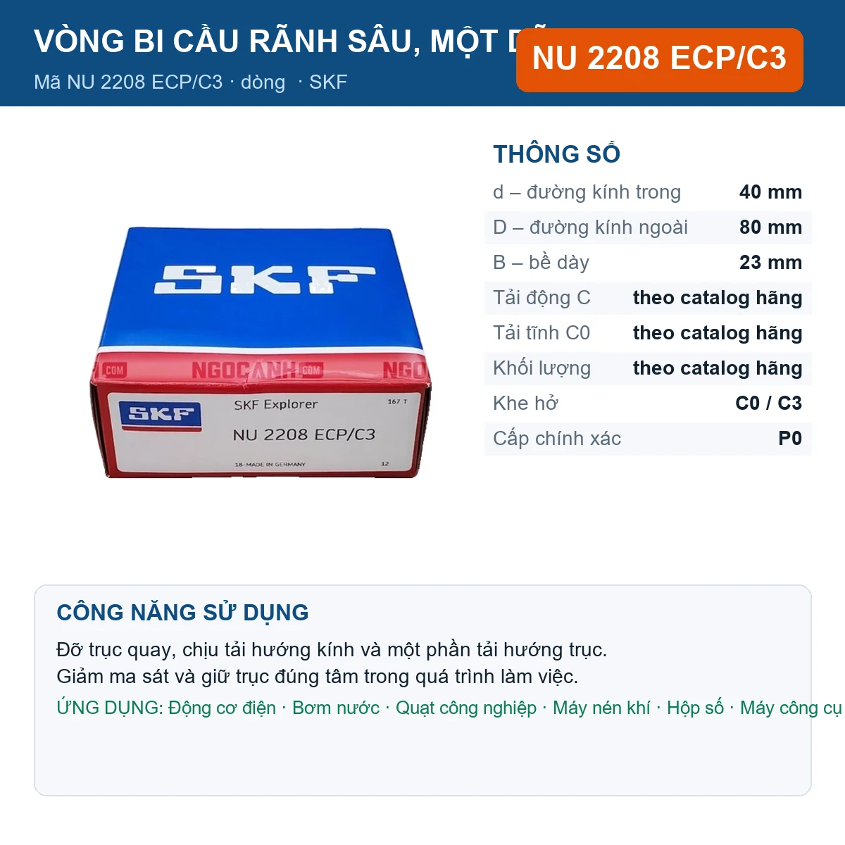Vòng bi SKF NU 2208 ECP/C3 — kích thước 40x80x23mm