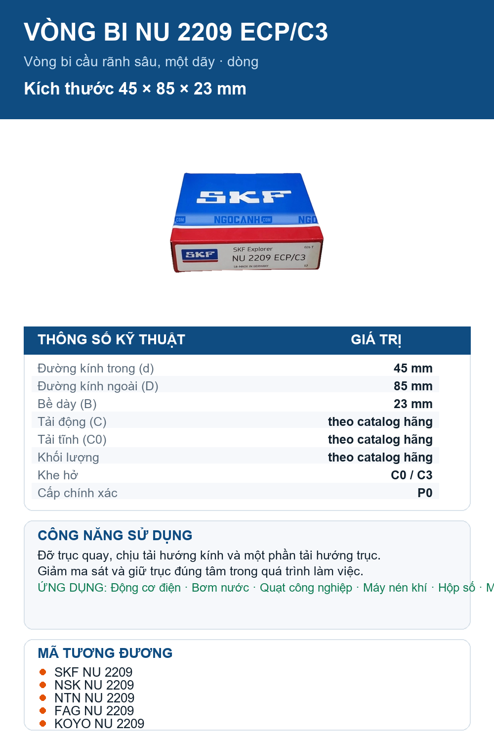 Vòng bi SKF NU 2209 ECP/C3 45x85x23mm — Ảnh thông số (Pinterest)