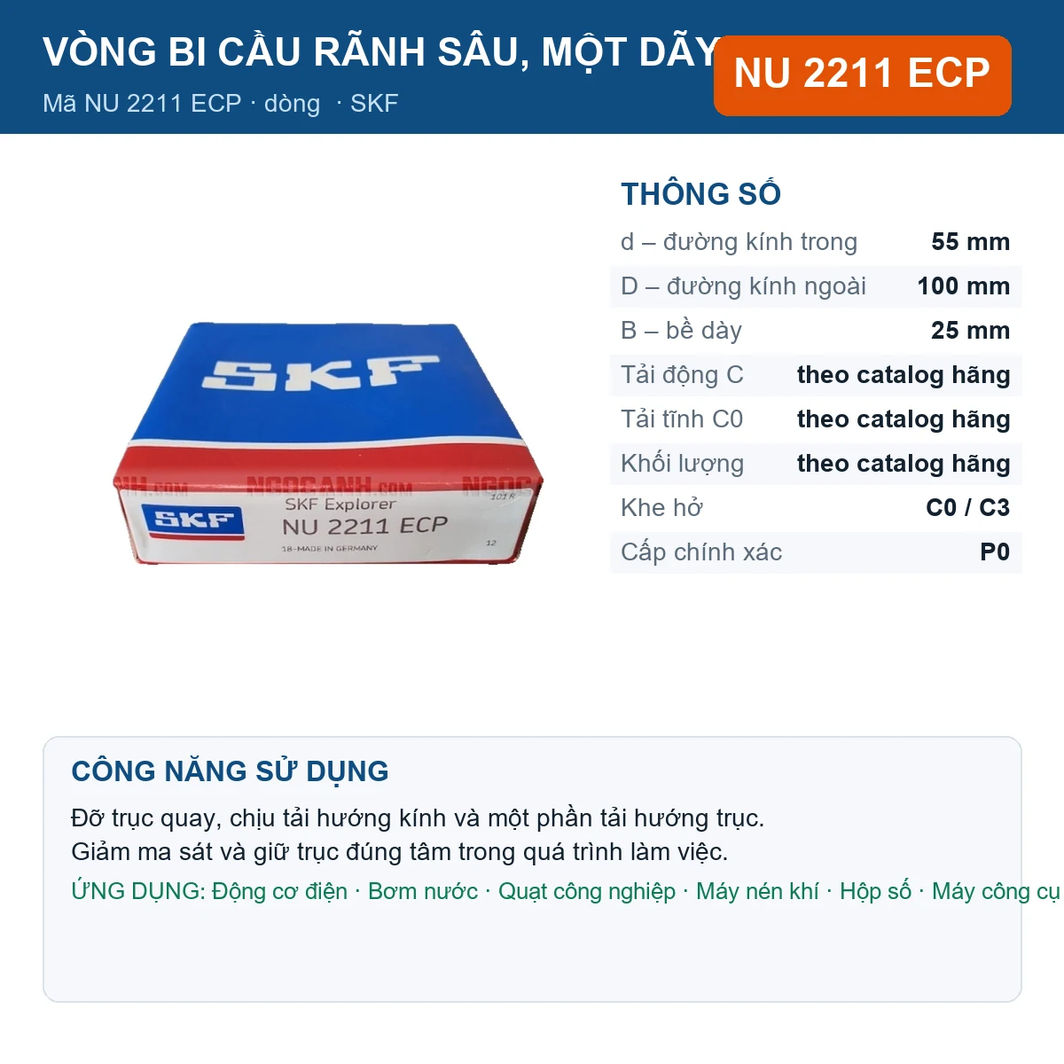 Vòng bi SKF NU 2211 ECP — kích thước 55x100x25mm