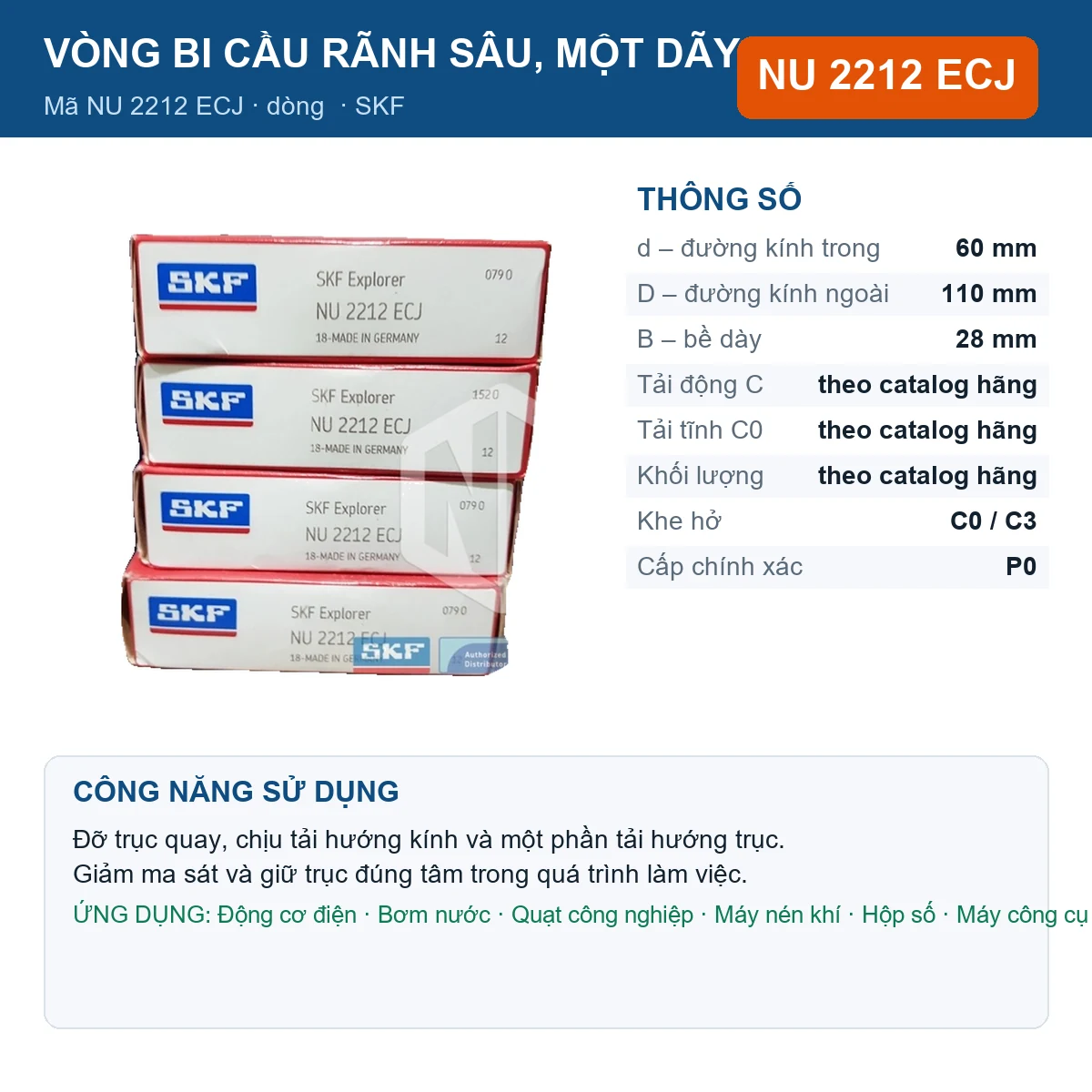 Vòng bi SKF NU 2212 ECJ — kích thước 60x110x28mm