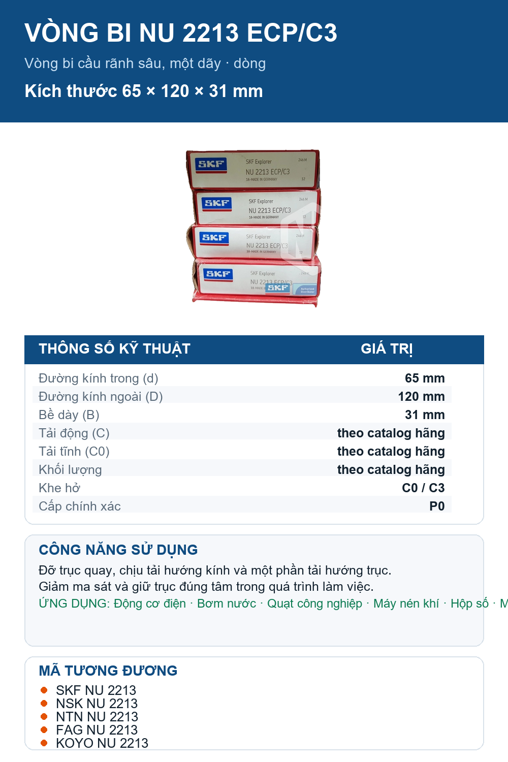 Vòng bi SKF NU 2213 ECP/C3 65x120x31mm — Ảnh thông số (Pinterest)