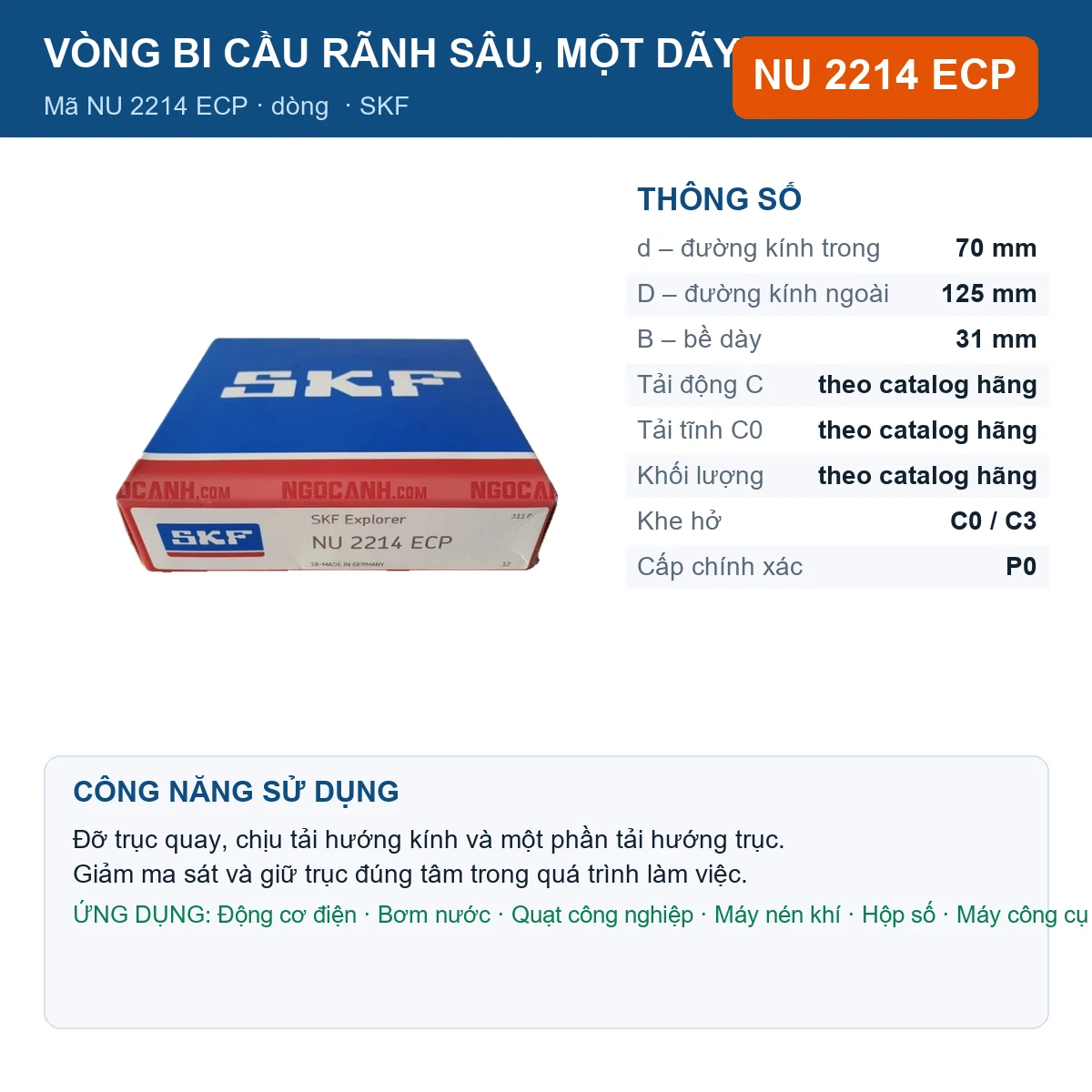 Vòng bi SKF NU 2214 ECP — kích thước 70x125x31mm