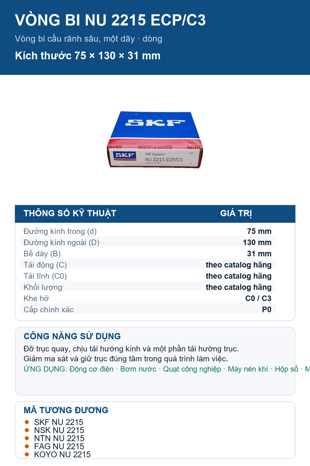 Vòng bi SKF NU 2215 ECP/C3 75x130x31mm — Ảnh thông số (Pinterest)