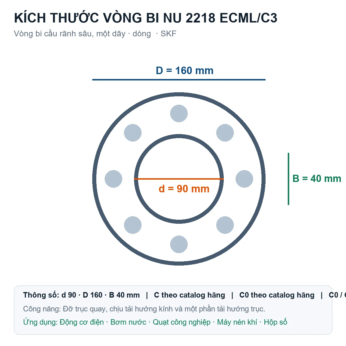 Vòng bi SKF NU 2218 ECML/C3 90x160x40mm — Bản vẽ kích thước (Google Images)