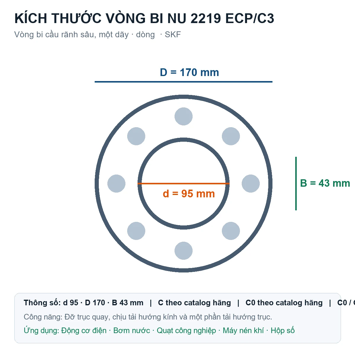 Vòng bi SKF NU 2219 ECP/C3 95x170x43mm — Bản vẽ kích thước (Google Images)