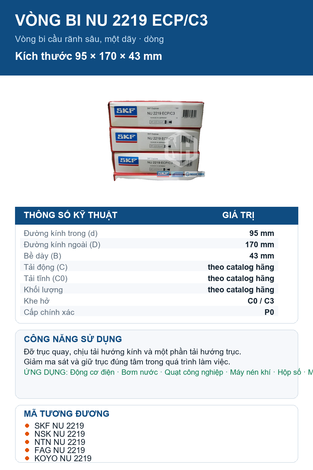 Vòng bi SKF NU 2219 ECP/C3 95x170x43mm — Ảnh thông số (Pinterest)