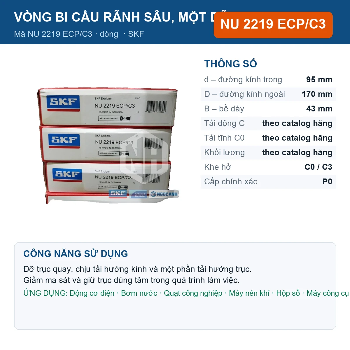 Vòng bi SKF NU 2219 ECP/C3 — kích thước 95x170x43mm