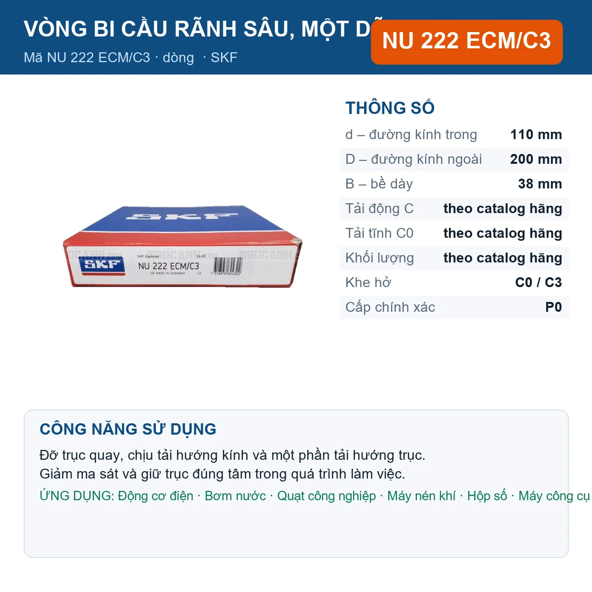 Vòng bi SKF NU 222 ECM/C3 — kích thước 110x200x38mm