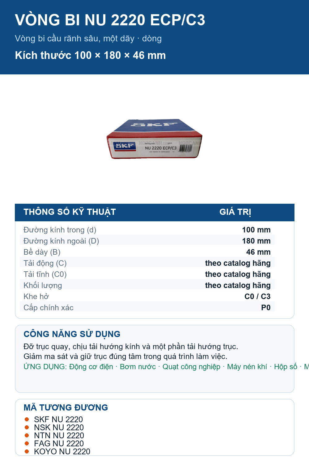 Vòng bi SKF NU 2220 ECP/C3 100x180x46mm — Ảnh thông số (Pinterest)