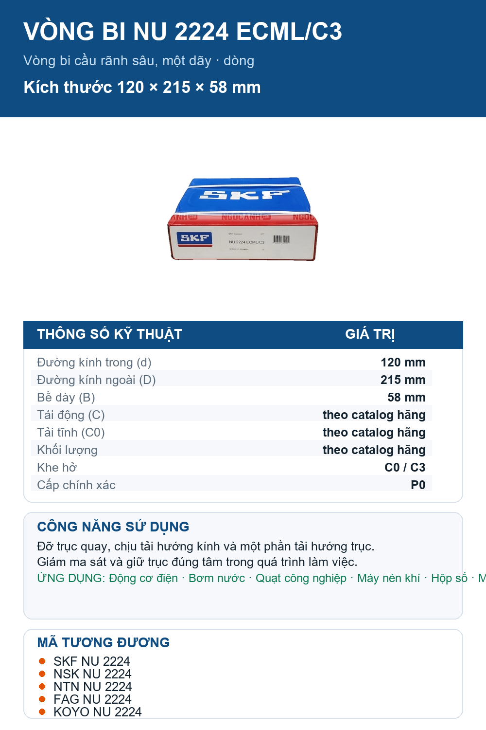 Vòng bi SKF NU 2224 ECML/C3 120x215x58mm — Ảnh thông số (Pinterest)