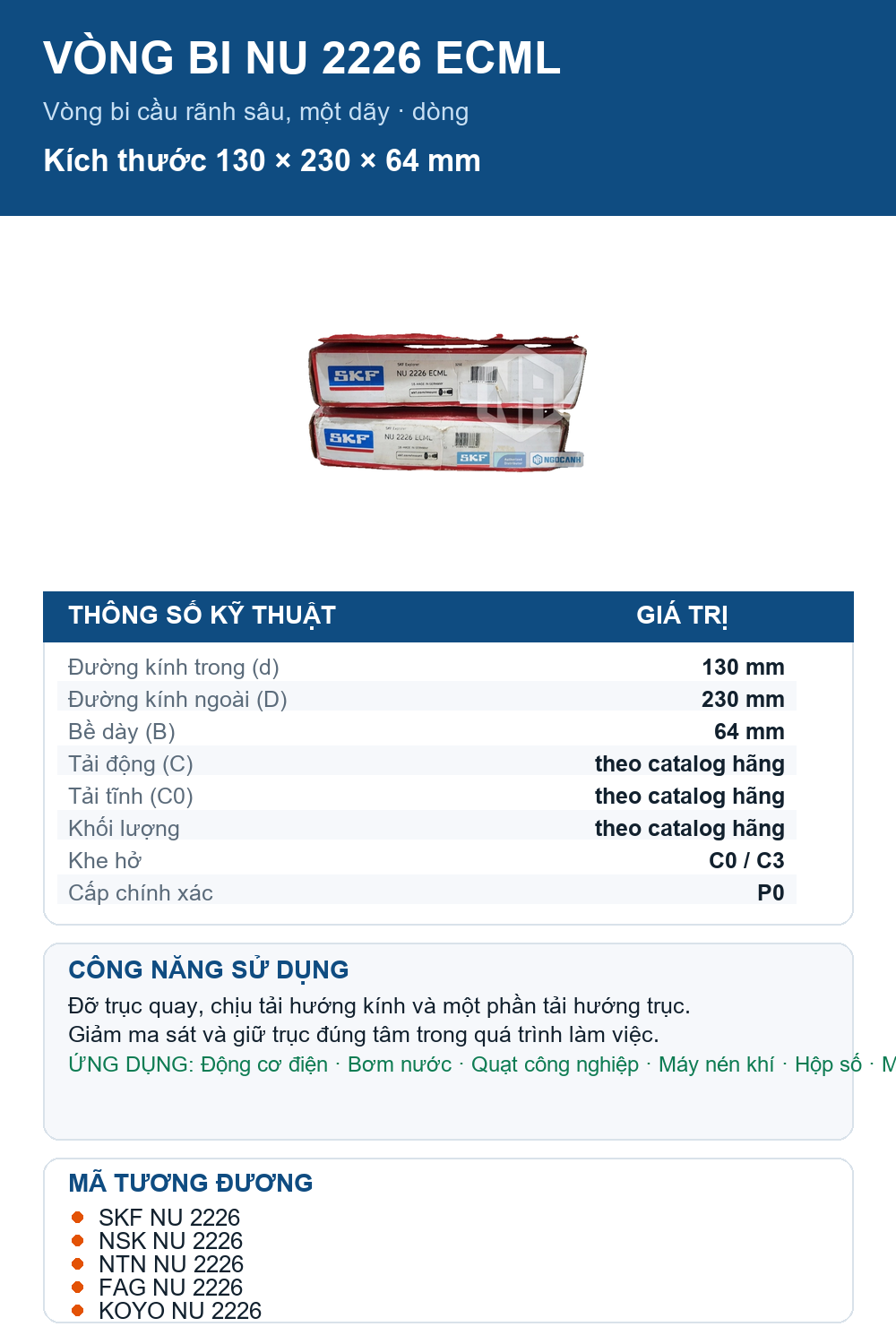 Vòng bi SKF NU 2226 ECML 130x230x64mm — Ảnh thông số (Pinterest)