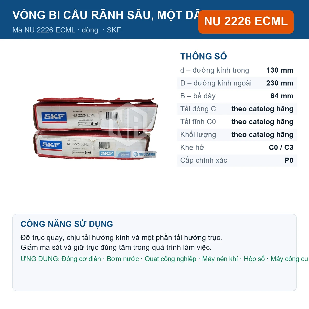 Vòng bi SKF NU 2226 ECML — kích thước 130x230x64mm