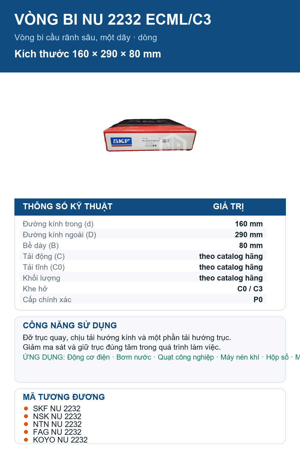Vòng bi SKF NU 2232 ECML/C3 160x290x80mm — Ảnh thông số (Pinterest)