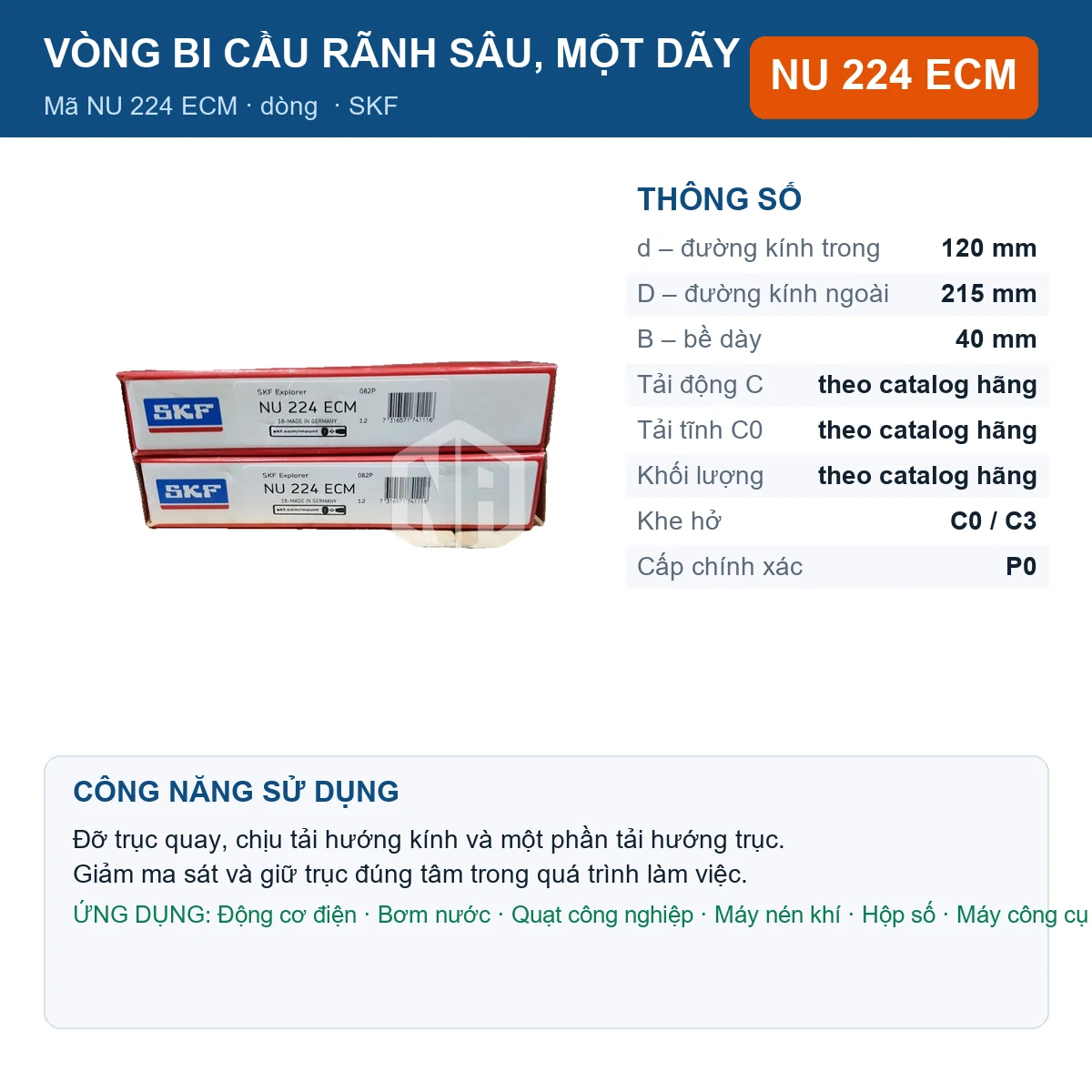 Vòng bi SKF NU 224 ECM — kích thước 120x215x40mm