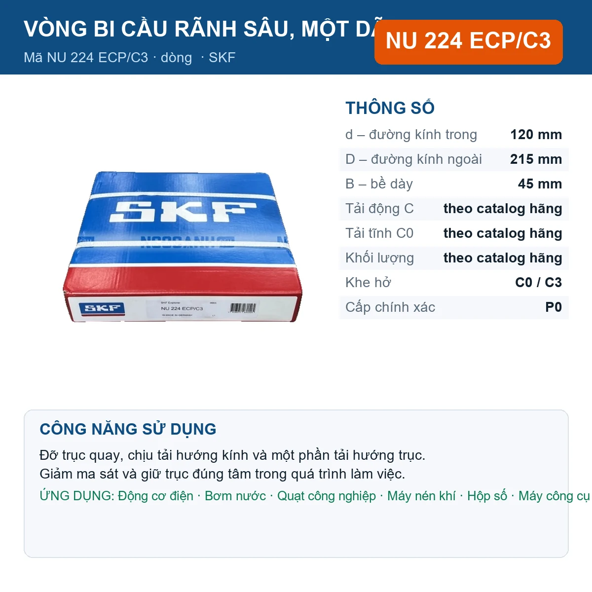 Vòng bi SKF NU 224 ECP/C3 — kích thước 120x215x45mm