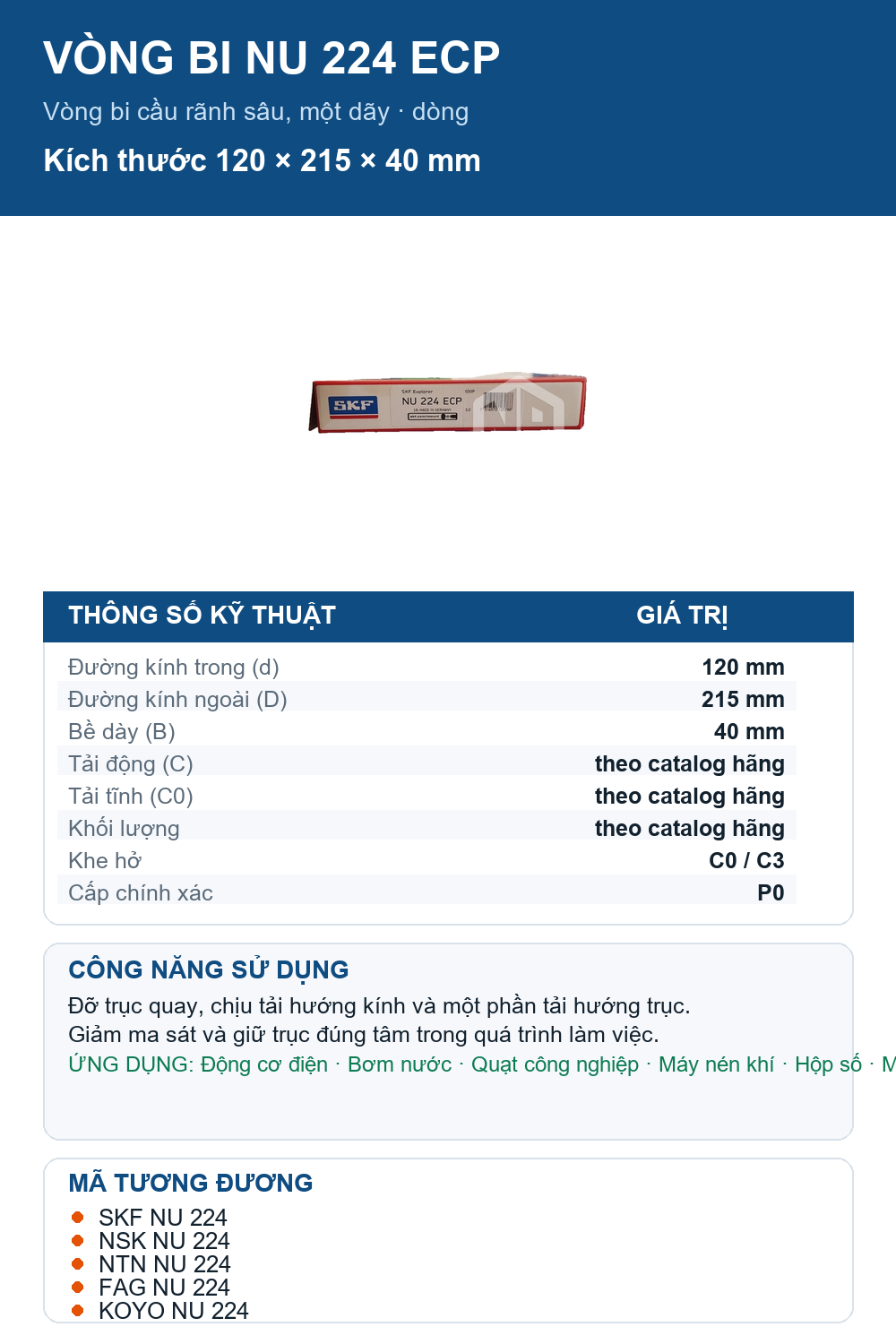 Vòng bi SKF NU 224 ECP 120x215x40mm — Ảnh thông số (Pinterest)