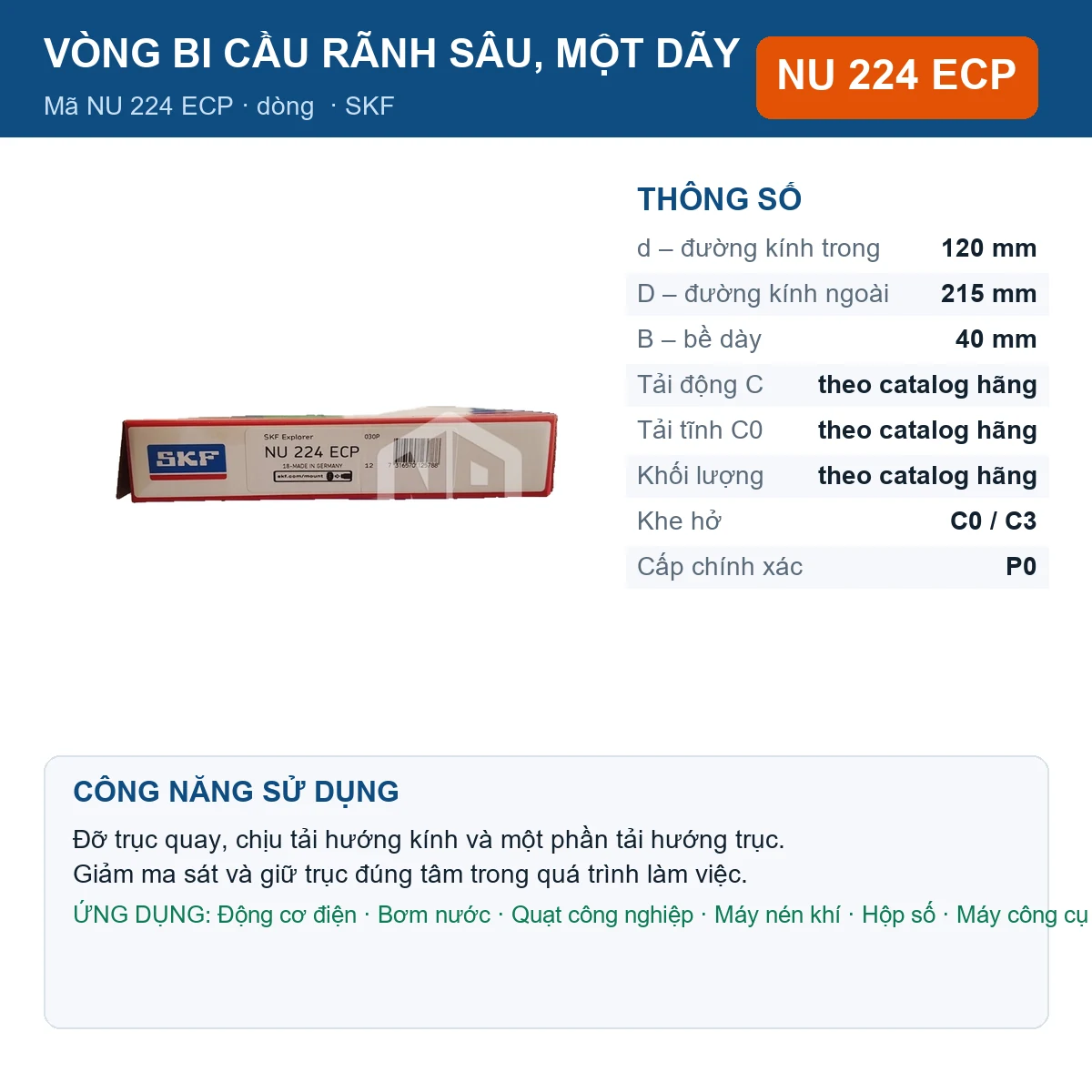 Vòng bi SKF NU 224 ECP — kích thước 120x215x40mm
