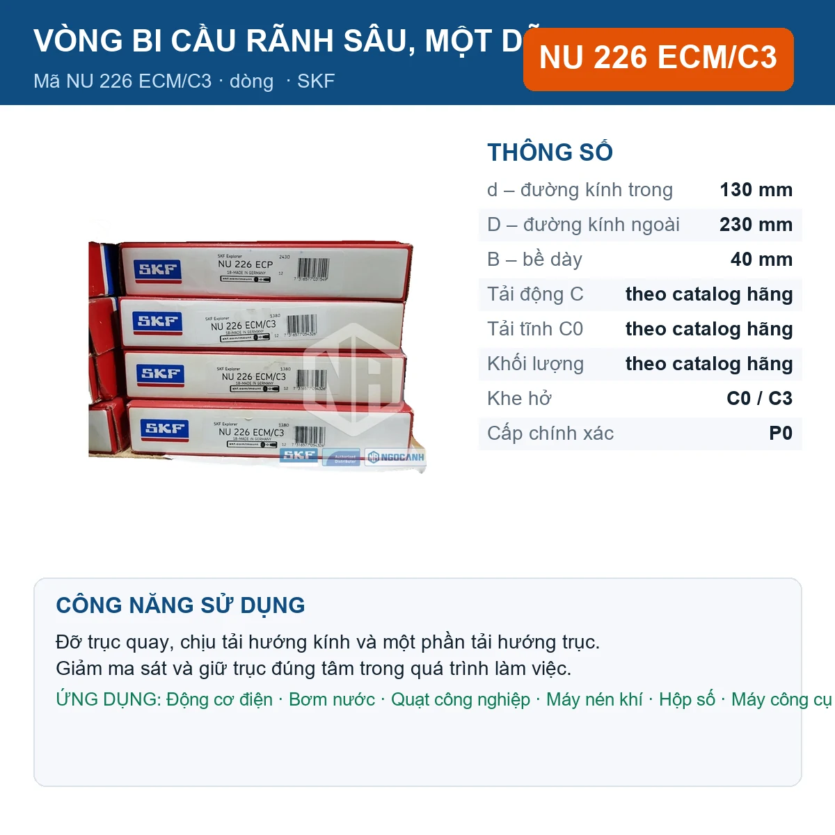 Vòng bi SKF NU 226 ECM/C3 — kích thước 130x230x40mm