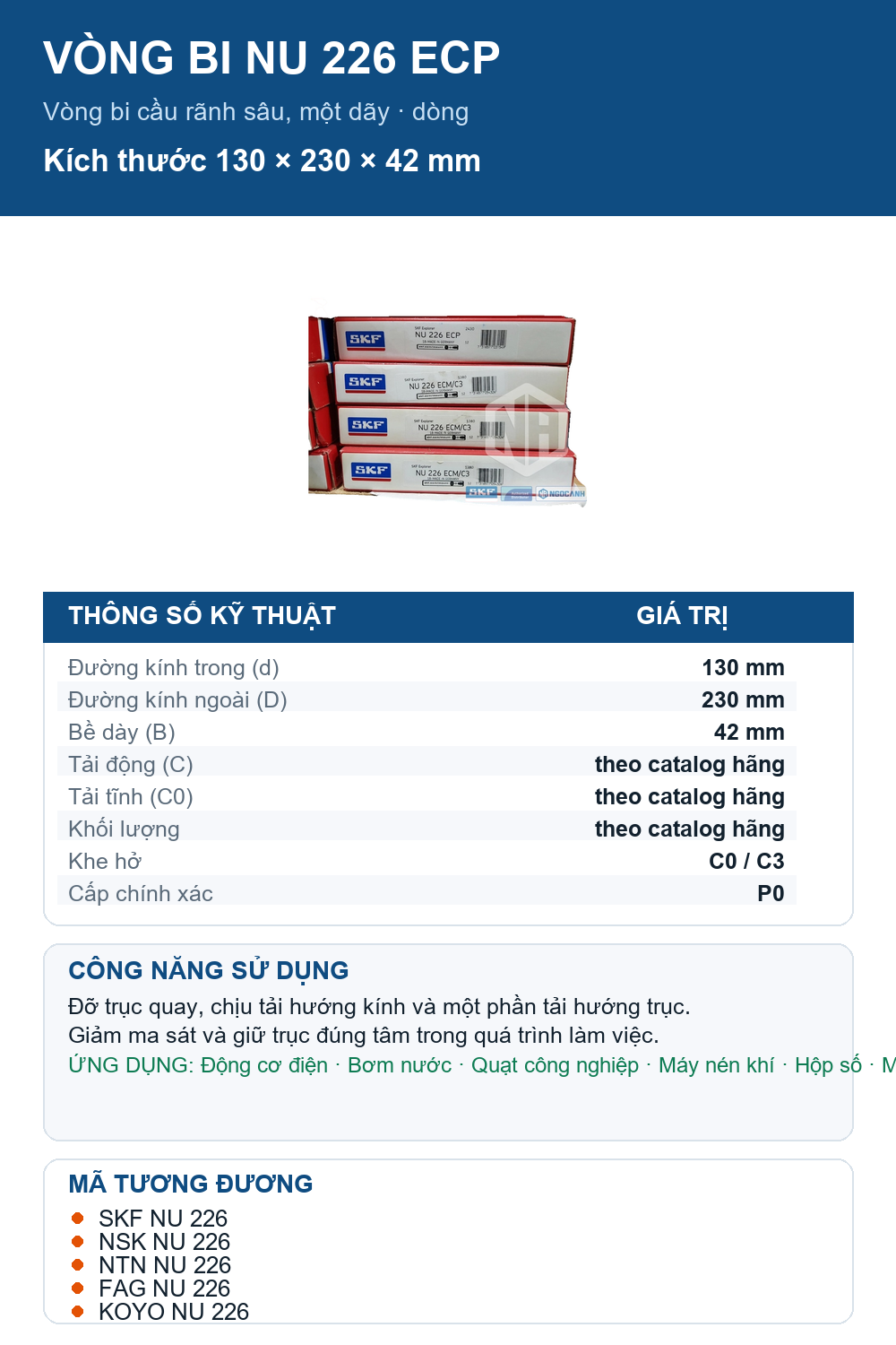 Vòng bi SKF NU 226 ECP 130x230x42mm — Ảnh thông số (Pinterest)