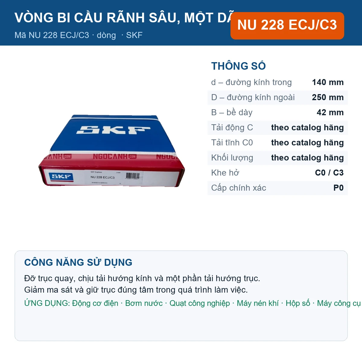 Vòng bi SKF NU 228 ECJ/C3 — kích thước 140x250x42mm