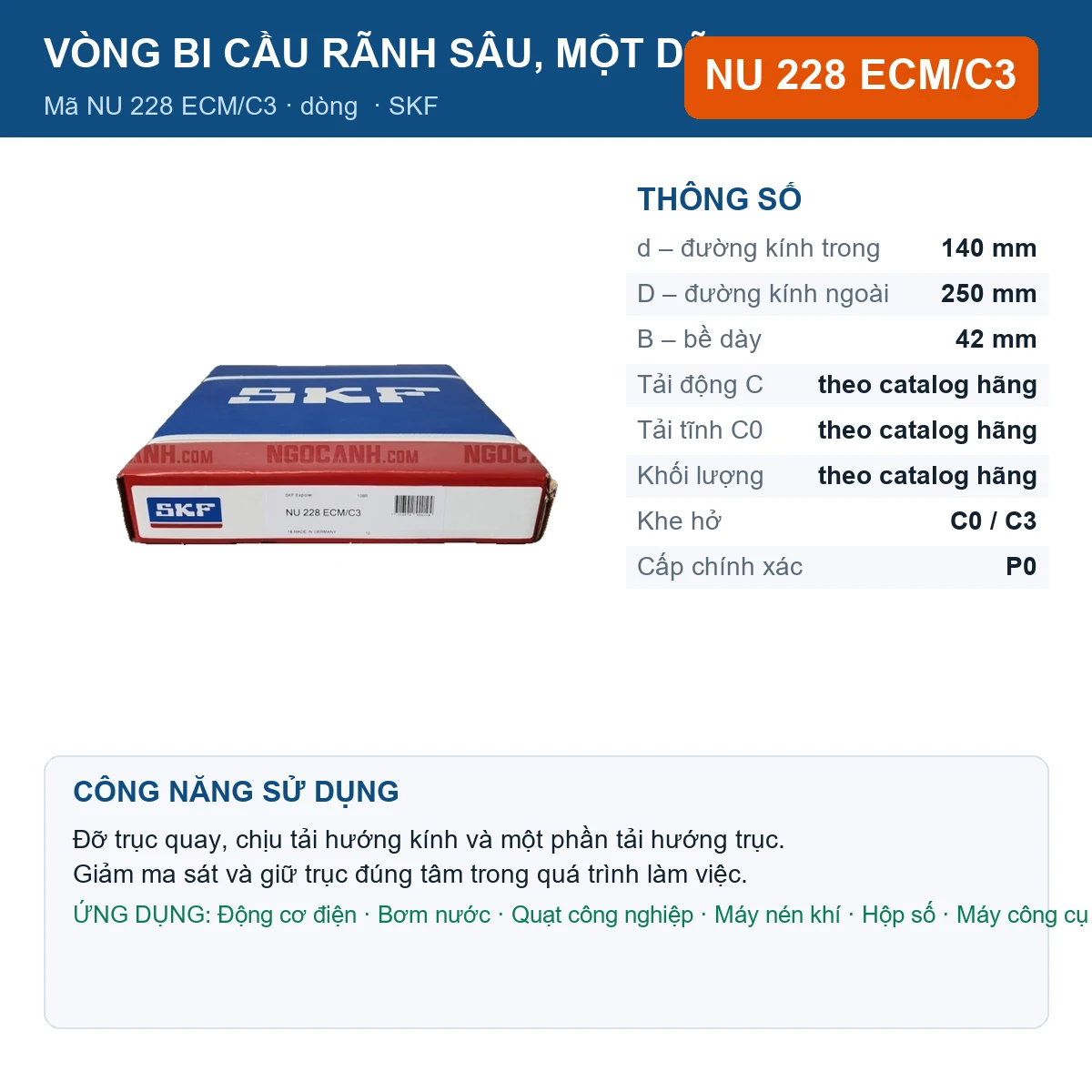Vòng bi SKF NU 228 ECM/C3 — kích thước 140x250x42mm