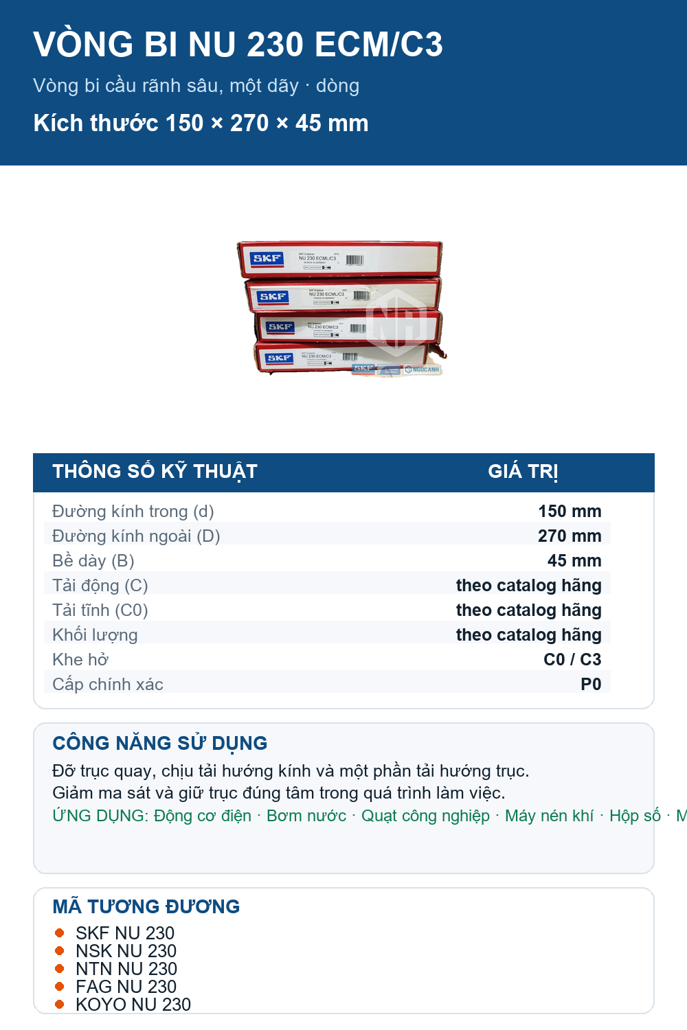 Vòng bi SKF NU 230 ECM/C3 150x270x45mm — Ảnh thông số (Pinterest)