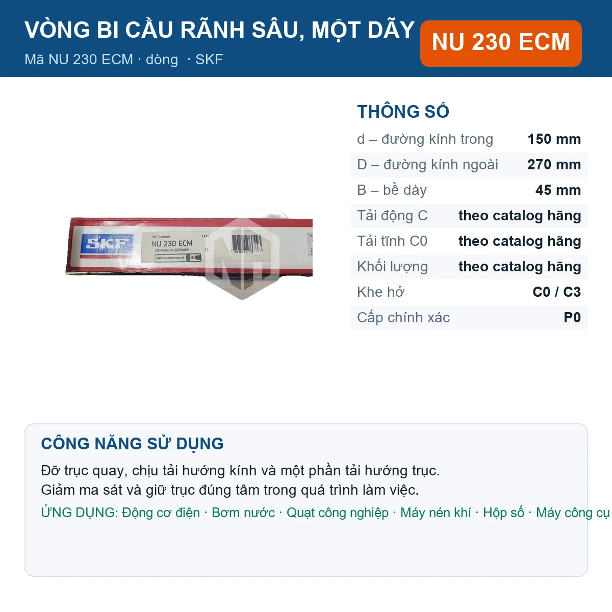 Vòng bi SKF NU 230 ECM — kích thước 150x270x45mm