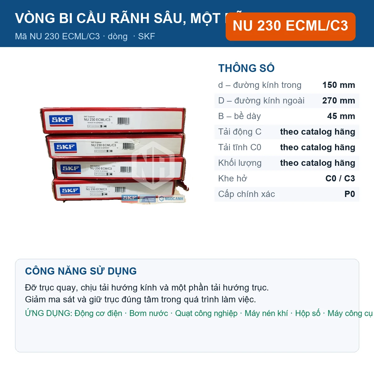 Vòng bi SKF NU 230 ECML/C3 — kích thước 150x270x45mm