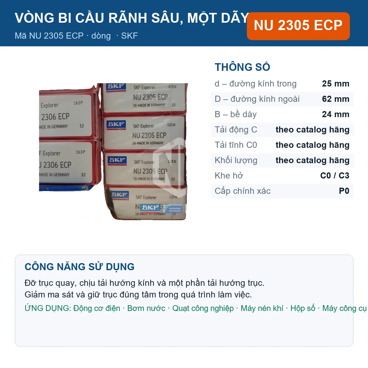 Vòng bi SKF NU 2305 ECP — kích thước 25x62x24mm