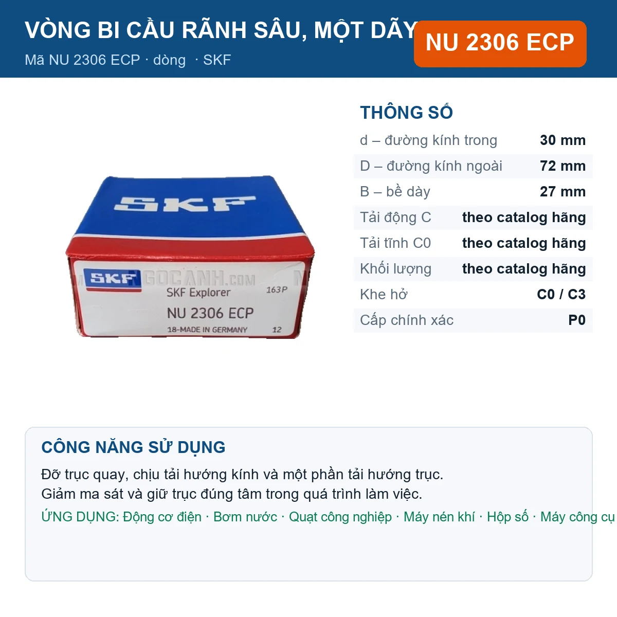 Vòng bi SKF NU 2306 ECP — kích thước 30x72x27mm