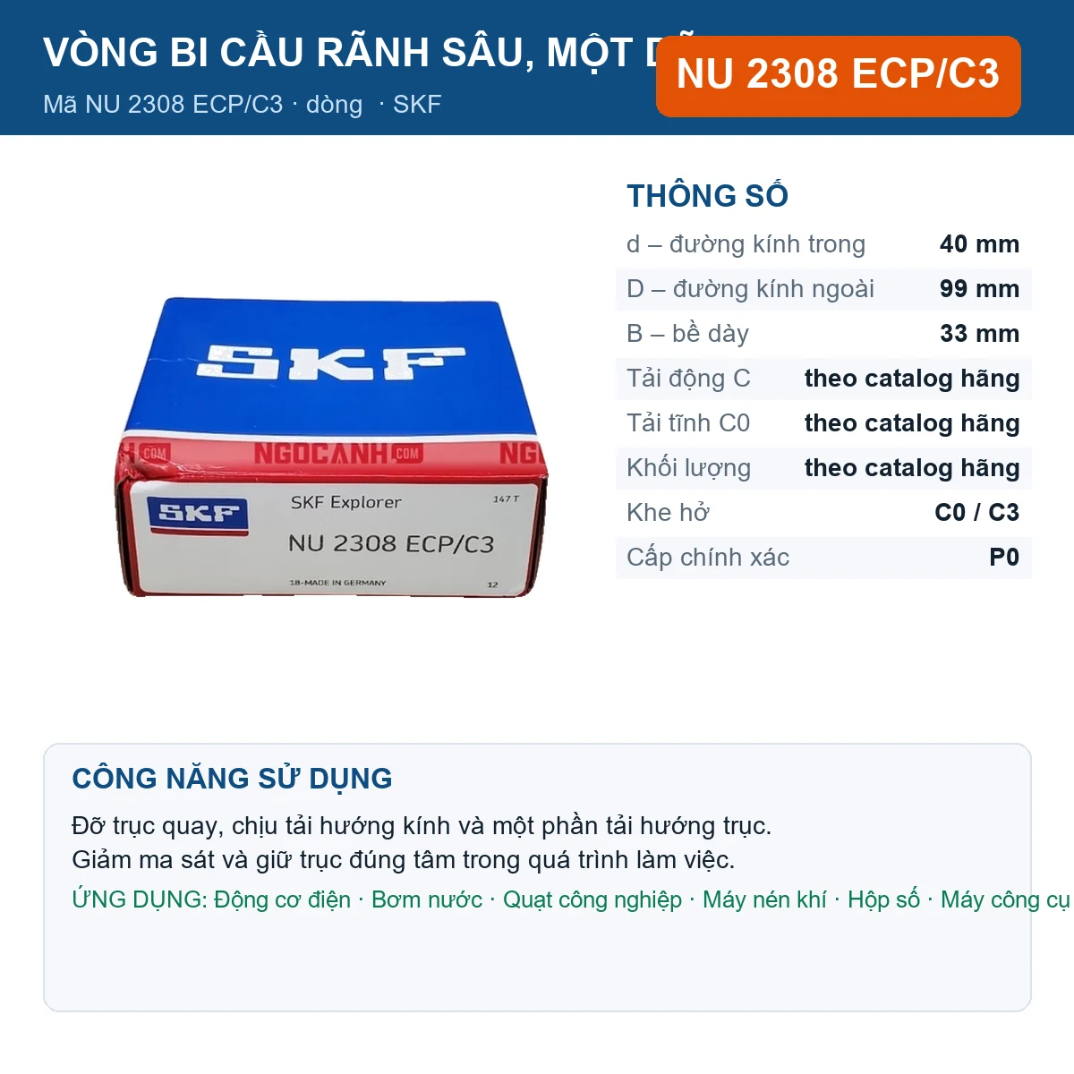 Vòng bi SKF NU 2308 ECP/C3 — kích thước 40x99x33mm