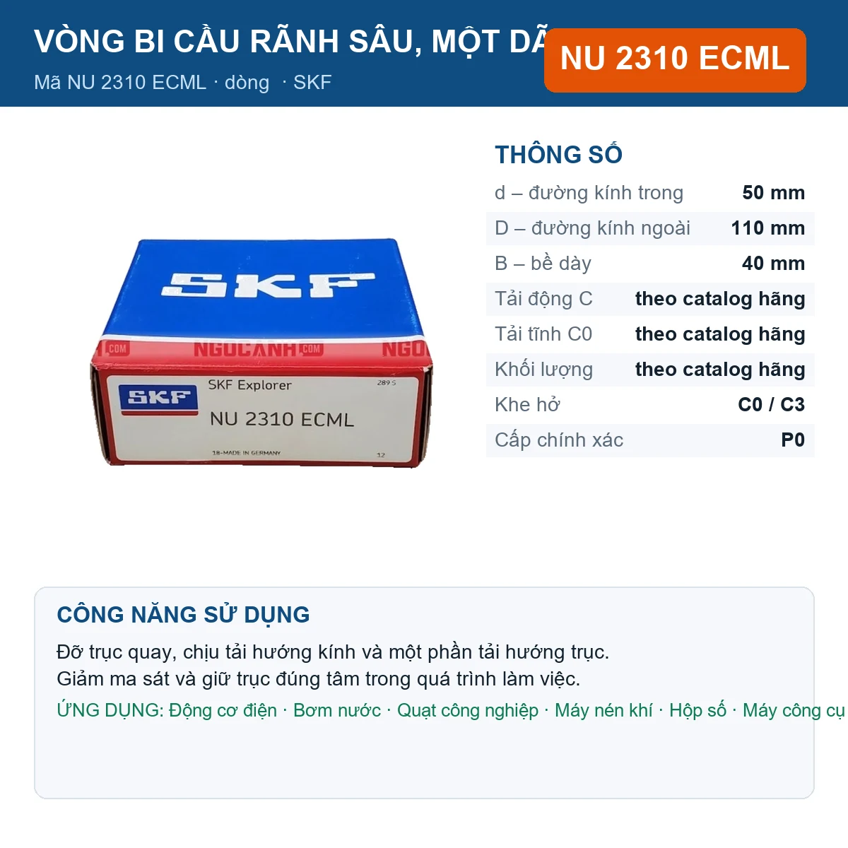 Vòng bi SKF NU 2310 ECML — kích thước 50x110x40mm