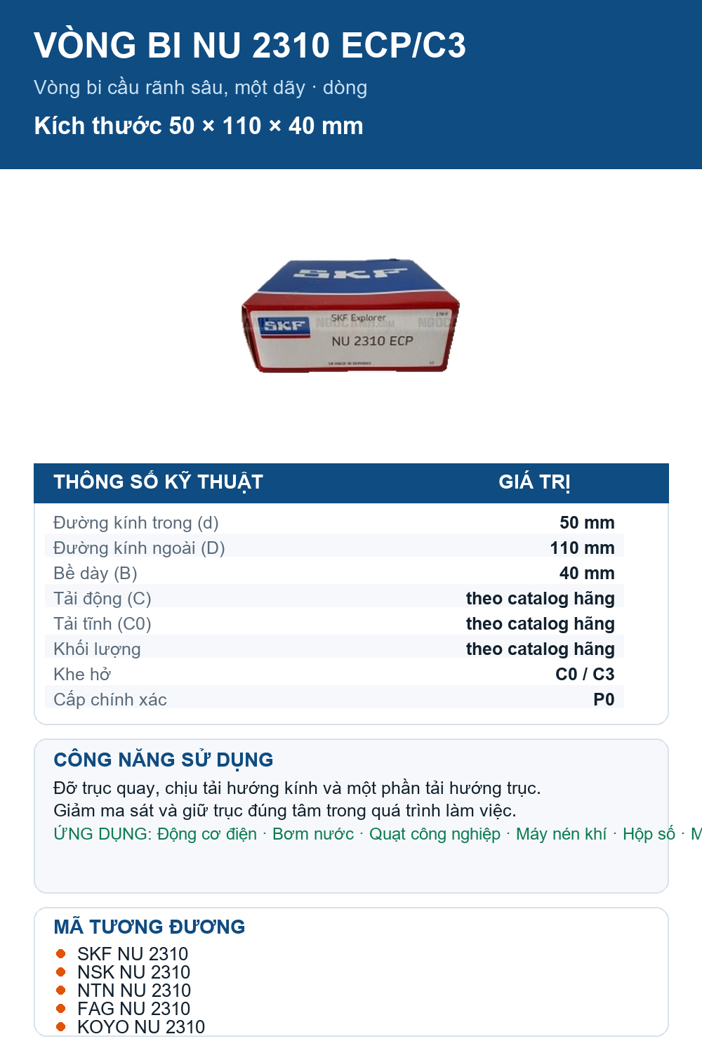 Vòng bi SKF NU 2310 ECP/C3 50x110x40mm — Ảnh thông số (Pinterest)