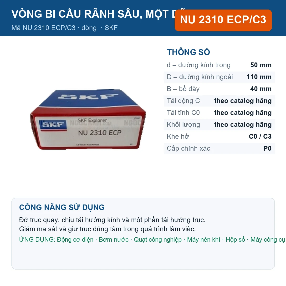 Vòng bi SKF NU 2310 ECP/C3 — kích thước 50x110x40mm
